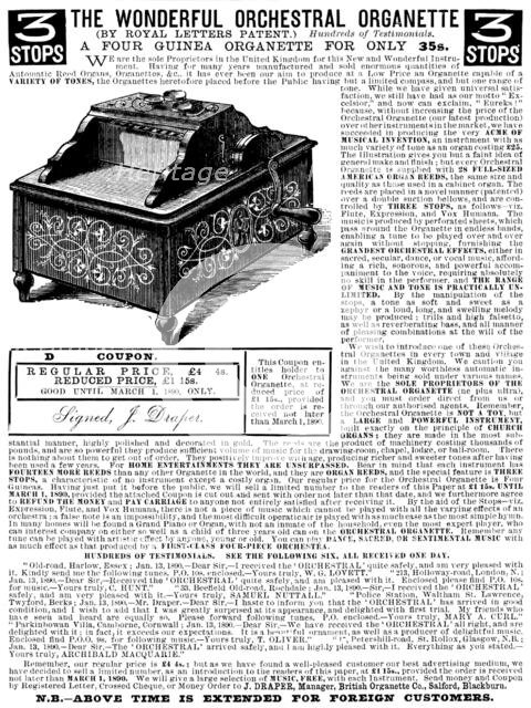 Advertisement for the Wonderful Orchestral Organette, 1890. Creator: Unknown.