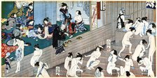 A bath house scene, Japan.Artist: Yoshiiku