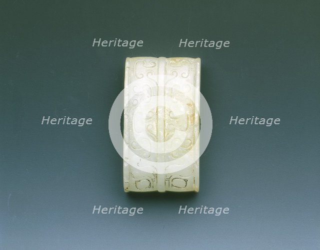 Jade sword scabbard fitting with taotie, Western Han dynasty, China, 206 BC-8. Artist: Unknown