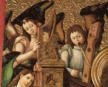 Detail of the central panel of an altarpiece dedicated to St. Vincent Martyr, angels playing harp…