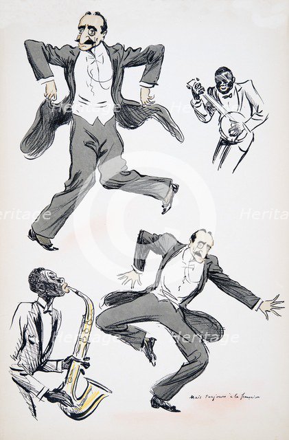 Gentleman in white tie and tails dancing while two musicians play saxophone and banjo, from 'White B