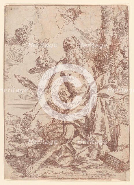 Saint Jerome kneeling beside a tree with his arms outstretched, 1640-60. Creator: Giulio Carpioni.