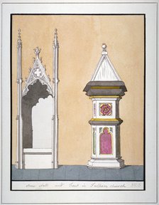 Stone stall and font in All Saints Church, Fulham, London, c1800. Artist: Anon