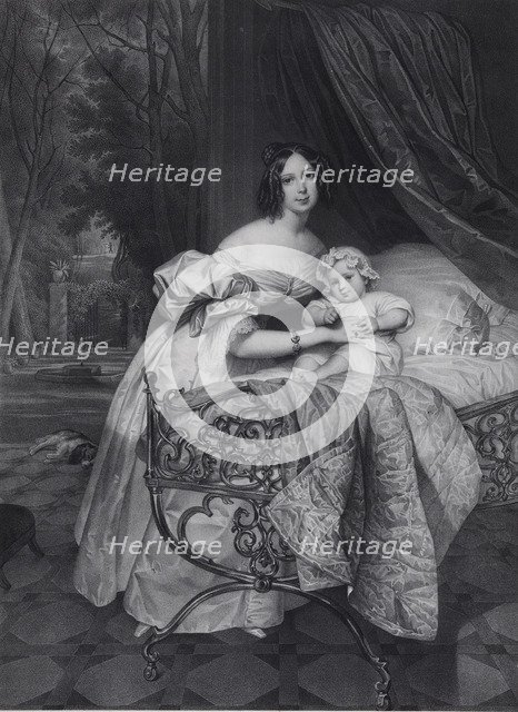 Portrait of Maria Irineevna Buteneva, née Chreptowicz (1811-1890) with Daughter Maria (1835-1905), 1 Artist: Noël, Léon (1807-1884)