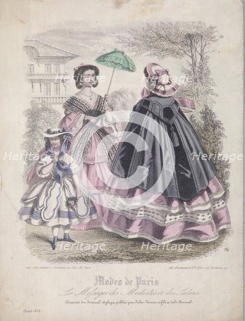 Two women and a child wearing the latest fashions in a garden setting, 1858. Artist: Anon