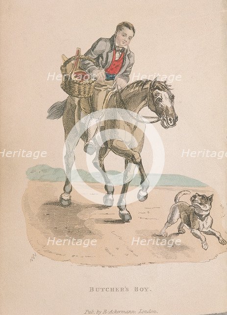Butcher's boy riding a horse accompanied by a dog running ahead, carrying a basket of meat, c1830. Artist: Anon