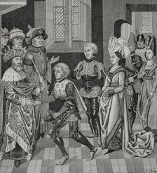 Coloman, (1070-1116), King of Hungary receiving Walter Sans Avoir..., 15th century (1877).  Creator: Unknown.