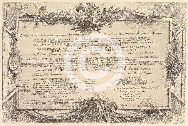 Plate 3: Inscriptions on Antiquities outside Rome with Index of Plates, ca. 1748. Creator: Giovanni Battista Piranesi.