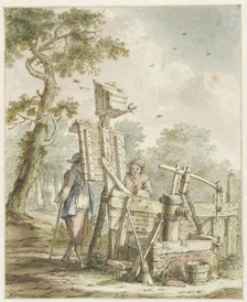 Landscape with two men at a noticeboard near a water pump, c.1750-1808. Creator: Bartholomeus Barbiers.