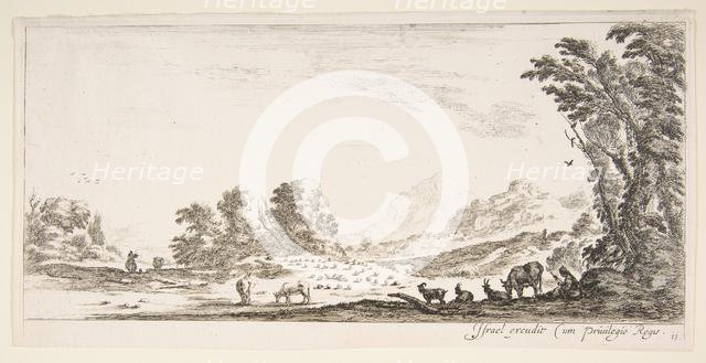 Plate 11: shepherdess seated to the right under a tree, watching her flock to the left..., ca. 1641. Creator: Stefano della Bella.