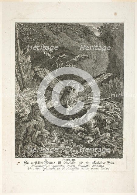 Fable III, plate three from Lehrreiche Fabeln aus dem Reiche der Theire, 1743. Creator: Johann Elias Ridinger.