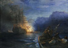 The Burning of the Ottoman flagship off Chios by Konstantinos Kanaris , 1881. Creator: Aivazovsky, Ivan Konstantinovich (1817-1900).