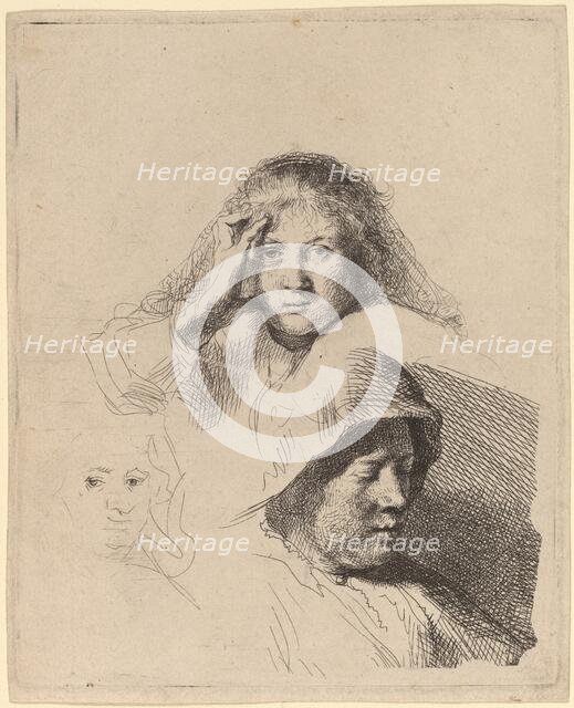Three Heads of Women, One Lightly Etched, c. 1637. Creator: Rembrandt Harmensz van Rijn.