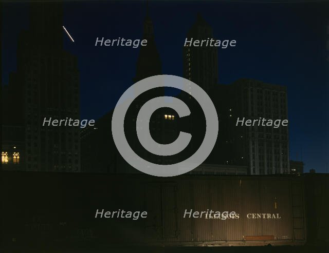 Freight cars at the South Water Street Illinois Central Railroad terminal, Chicago, Illinois, 1943. Creator: Jack Delano.