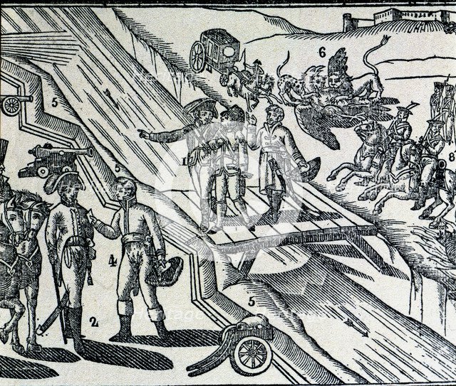 Ferdinand VII, King of Spain. (1784 - 1833), crossing the river Fluvià between French and Spanish…