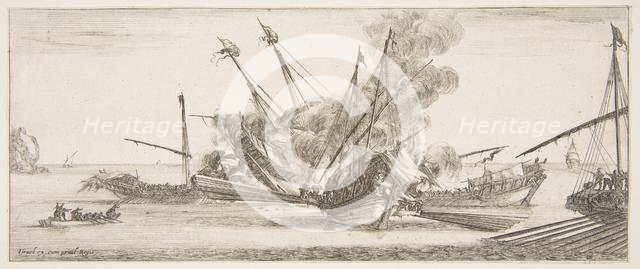 Naval combat, a ship at center, seen from behind, firing at four enemy ships, another ..., ca. 1641. Creator: Stefano della Bella.