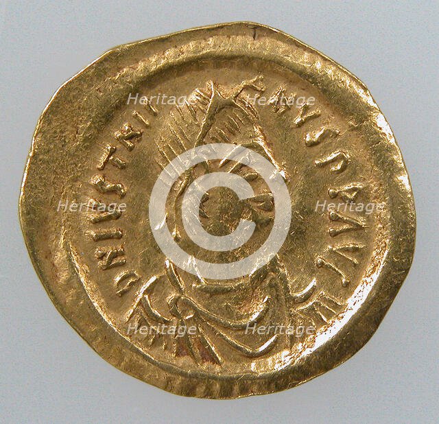 Gold Tremissis of Emperor Justinian I, Byzantine, 527-602. Creator: Unknown.