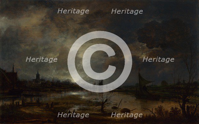 A River near a Town, by Moonlight, c. 1645. Artist: Neer, Aert, van der (1603-1677)