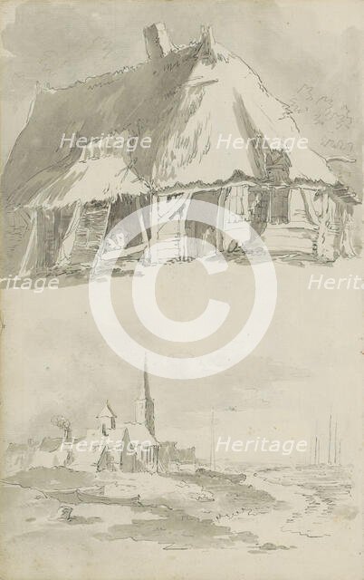 Barn and view of a city on the water, c.1780-c.1800. Creator: Bernhard Heinrich Thier.