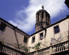 Lloctinent Palace, partial view of the upper side of the interior courtyard, at back the cathedra…