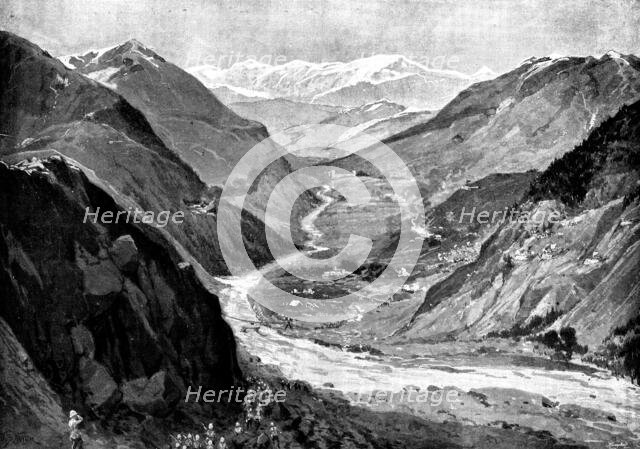 Chitral Expedition: entrance into Bajur, Valley of Panjkora River, contested by Umra Khan..., 1895. Creator: George Meisenbach.
