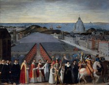 Procession of the Parisian brotherhood of Mont Saint-Michel pilgrims on the Pont..., c1610-1620. Creator: Unknown.