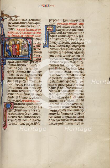 Initial N: Two Men before a Judge While a Third Man Builds a Mill; Vidal Mayor, about 1290-1310. Creator: Unknown.