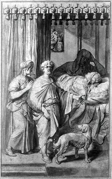 A sick, dying or dead woman lying on a bed in the presence of three figures, c1700. Creator: Gerard Hoet.