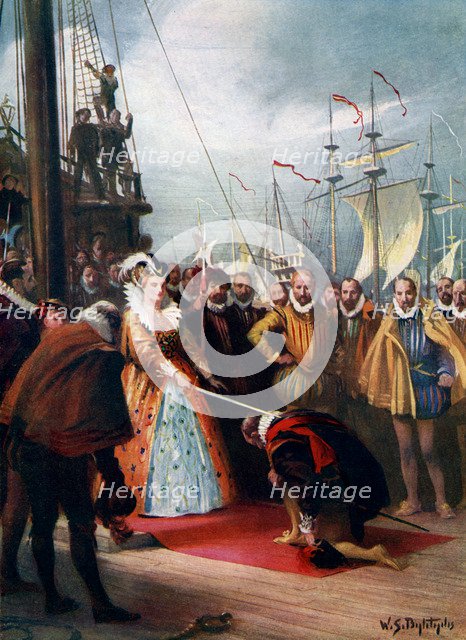 'Queen Elizabeth Knighting Sir Francis Drake', 1581, (c1920). Artist: WS Bagdatopulos