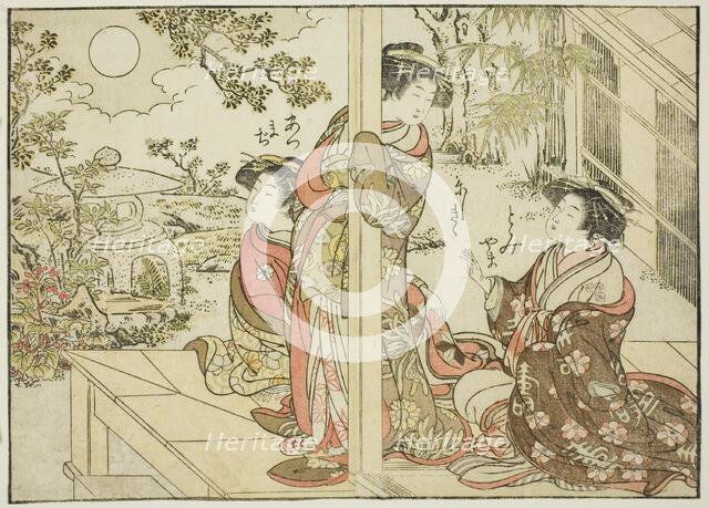 Courtesans of Yotsumaya, from the book "Mirror of Beautiful Women of the Pleasure Quarters..., 1776. Creator: Shunsho.