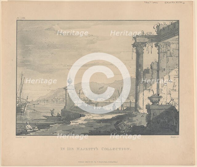 A coastal scene with a classical ruin at right, 1811. Creator: George Hawkins.