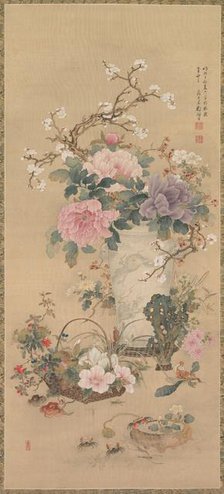 Vase of Flowers with Grasshopper, Marine Life, and Garden Rock, late 1800s. Creator: Okabe Ko (Japanese).