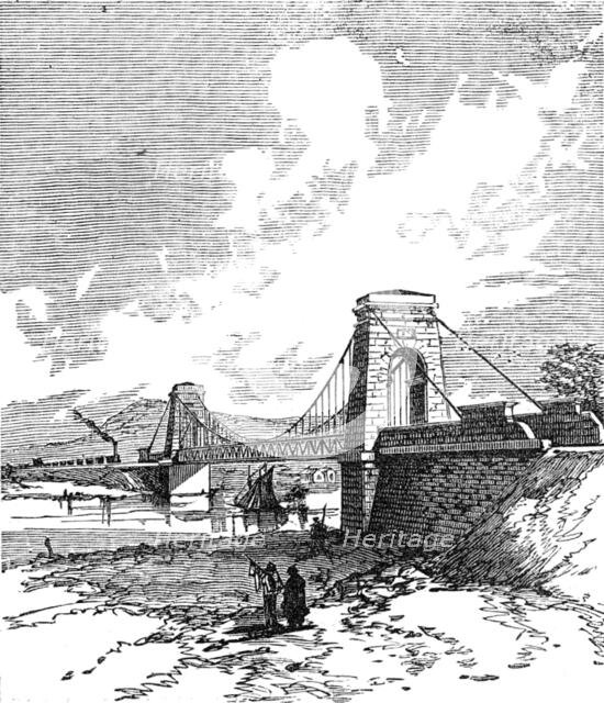 George Stephenson, Father of Railways: the first railway suspension bridge..., 1881. Creator: Unknown.