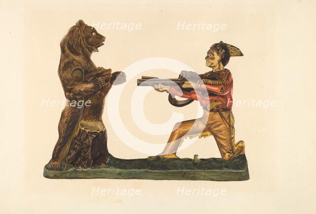 Toy Bank: Hunter Shooting Bear, c. 1938. Creator: Einar Heiberg.