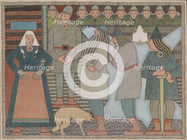 Väinämöinen, Ilmarinen and Lemminkäinen arrive at Pohjola, c1910s. Creator: Joseph Alanen.