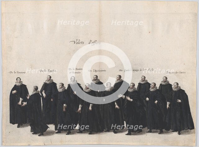 Plate 16: Valets marching in the funeral procession of Archduke Albert of Austria; from 'P..., 1623. Creator: Cornelis Galle I.