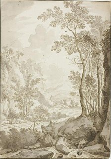 Landscape of Road through Trees and Hills; Figure on Donkey in Distance, 1638/1710. Creators: Unknown, Jan Hackaert.