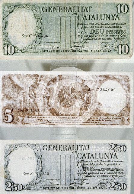 Banknotes of 10 pesetas of legal tender issued by the Generalitat de Catalonia during the Spanish…
