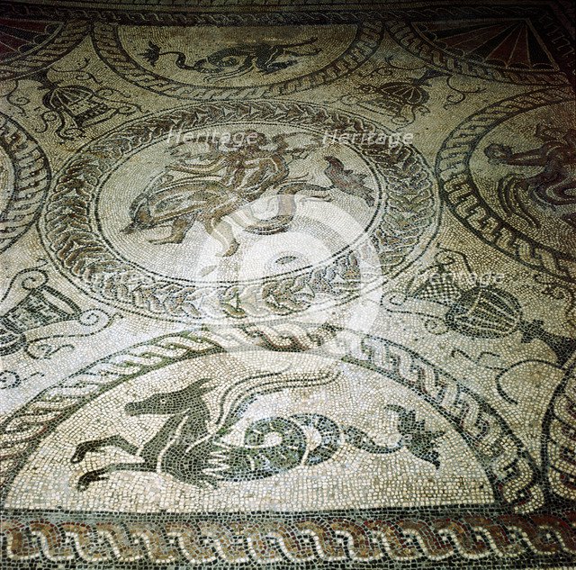 Seahorse and Cupid on Dolphin mosaic, Fishbourne Roman Villa, Sussex. Artist: Unknown