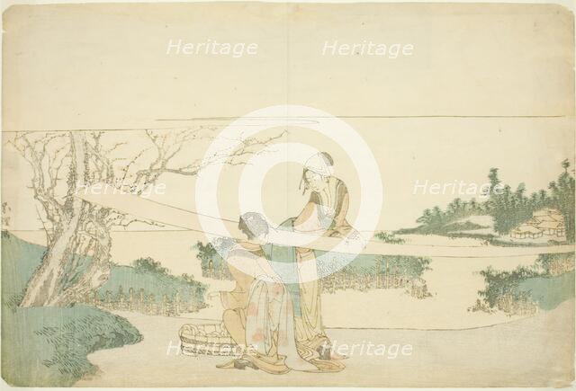 Two women stretching cloth, Japan, c. 1797/98. Creator: Hokusai.