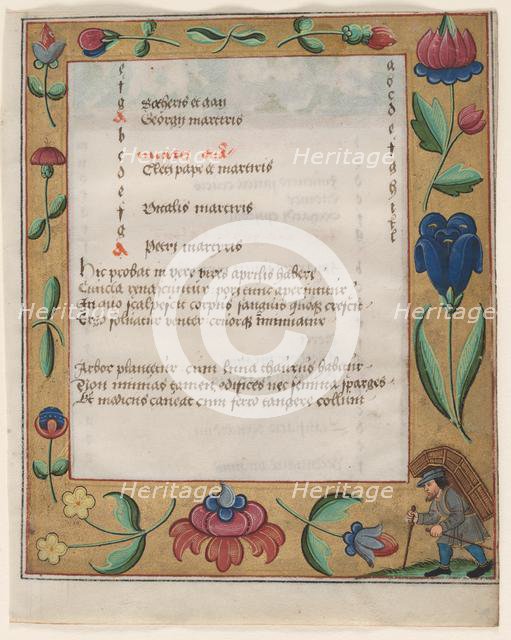 Leaf from a Psalter and Prayerbook: Calendar Page with Peasant (recto), c. 1524. Creator: Unknown.
