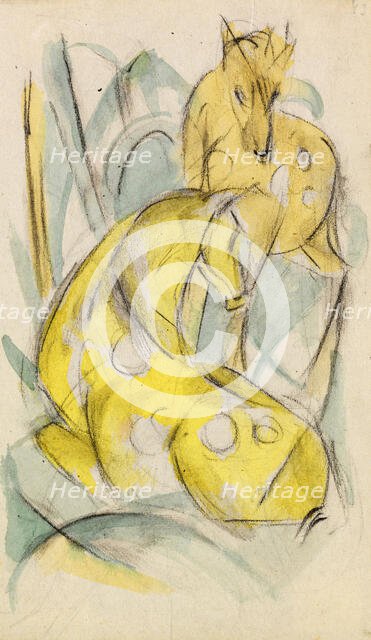 Two yellow animals (Two yellow deer), 1912-1913. Creator: Marc; Franz (1880-1916).