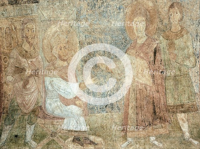 Saint George before the Emperor Diokletian. Artist: Ancient Russian frescos  