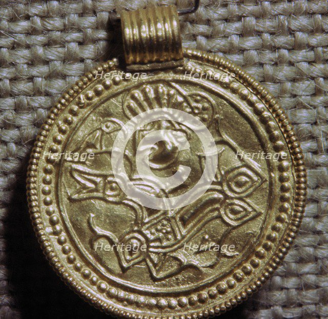 Gold bracteate depicting a horse and bird, 5th century. Artist: Unknown