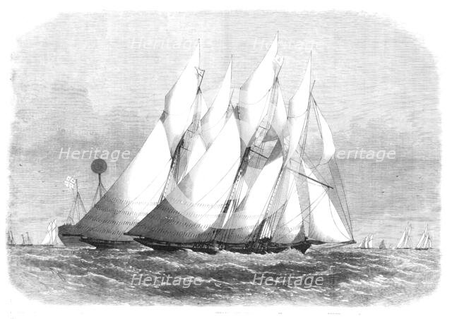 The Royal Thames Yacht Club schooner-match:...Cambria and Witchcraft rounding the Mouse Light, 1869. Creators: Edwin Weedon, Unknown.