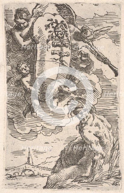 Allegory of the Foglia River and the city of Pesaro's coat of arms, frontispiece for 'Il P..., 1639. Creator: Simone Cantarini.