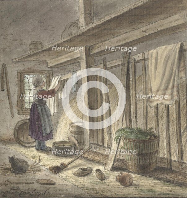 Corner of a stable with a girl hanging a cloth, 1772. Creator: Christina Chalon.