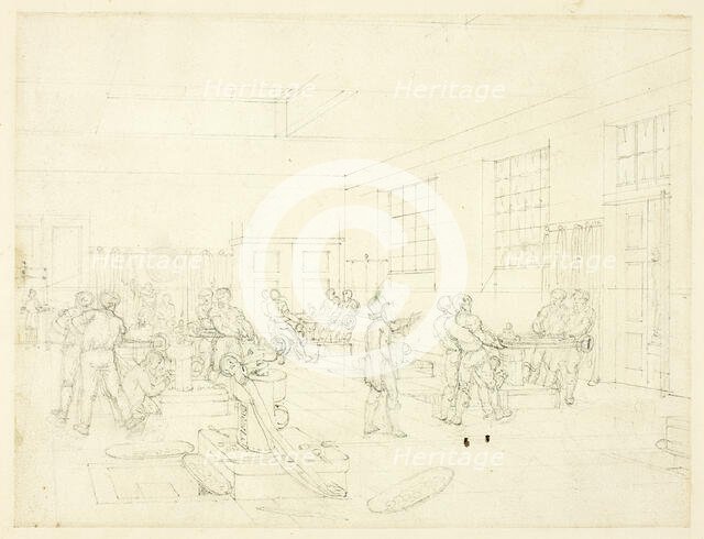 Study for The Mint, from Microcosm of London (recto); Sketch of Courtyard (verso), c. 1809. Creator: Augustus Charles Pugin.