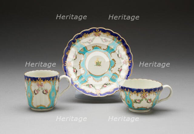 Teacup, Coffee Cup, and Saucer, Worcester, c. 1775. Creator: Royal Worcester.