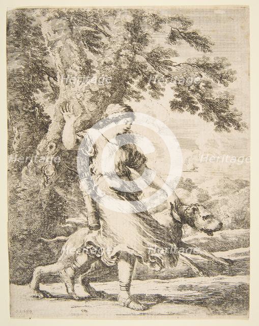 Nymph Holding a Large Dog by the Collar, ca. 1654. Creator: Stefano della Bella.